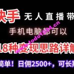 快手无人直播带货，手机电脑都可以，18种变现思路详解，搭建简单日佣2500+【揭秘】