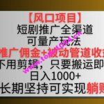 【风口项目】短剧推广全渠道最新双重收益玩法，推广佣金管道收益，不用剪辑，只要搬运即可【揭秘】