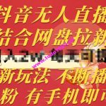 抖音无人直播，结合网盘拉新，新玩法不违规不断播，0粉有手机就能做【揭秘】