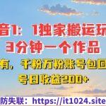 DY独家1：1搬运玩法，3分钟搞定一个作品，千粉万粉账号包回收，单号日收益2张【揭秘】